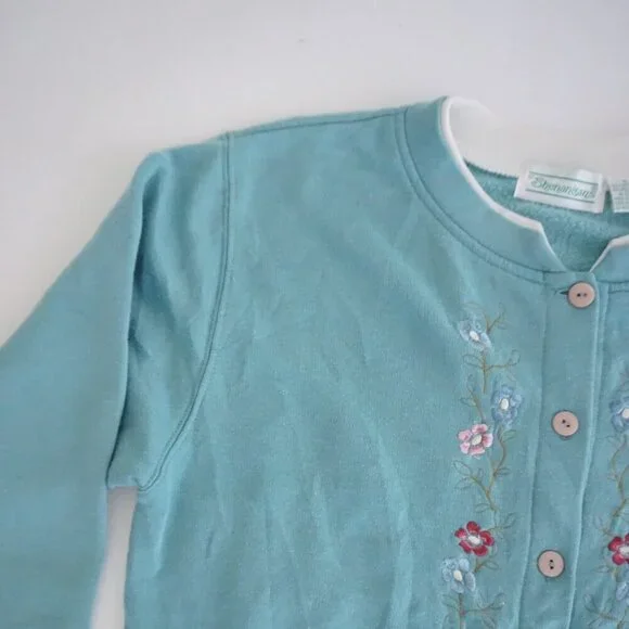 Vintage Shenanigans Teal Cardigan Floral Embroidery Romantic Coastal Grandma M - Picture 9 of 11